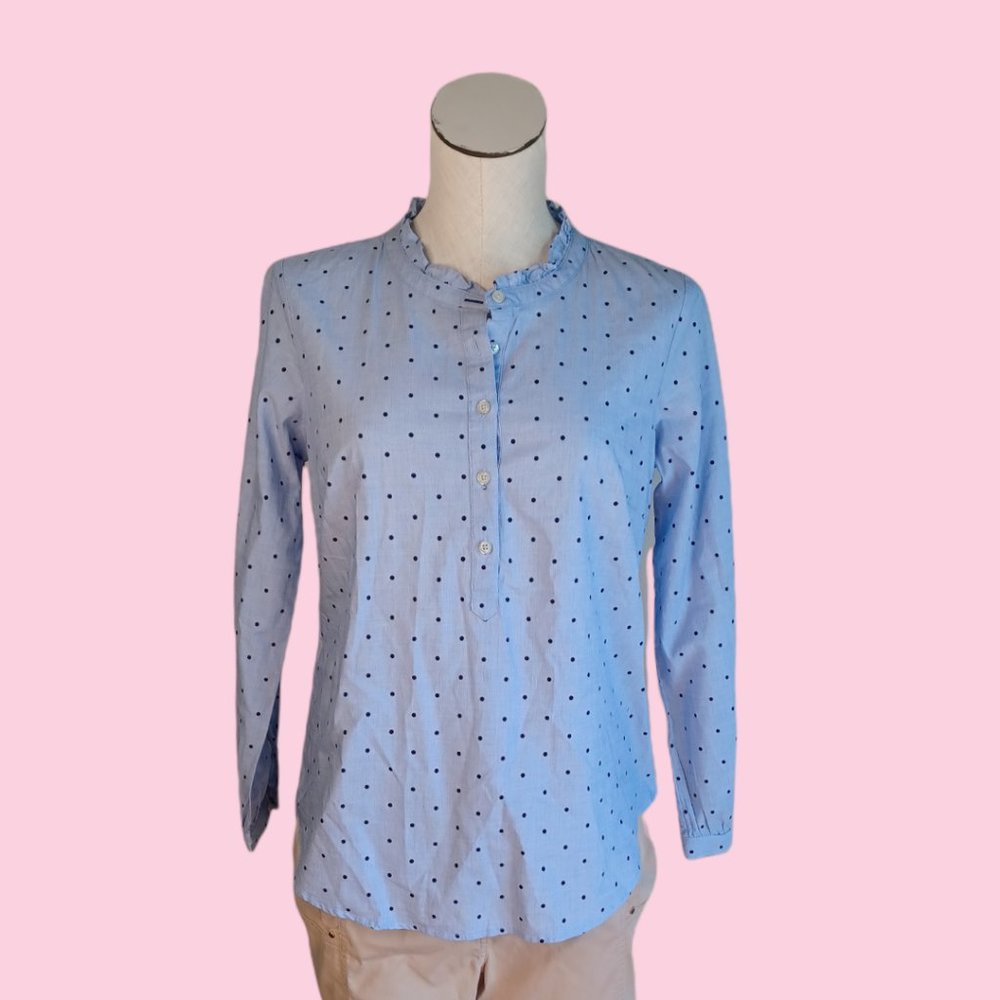 TALBOTS • Small Petite blue polka dot peasant blouse Mandarin collar Ruffles